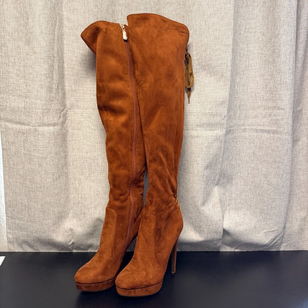 Luichiny Over-The-Knee High Boots Women's 8M Brown Faux Suede Faux Lace Up Back